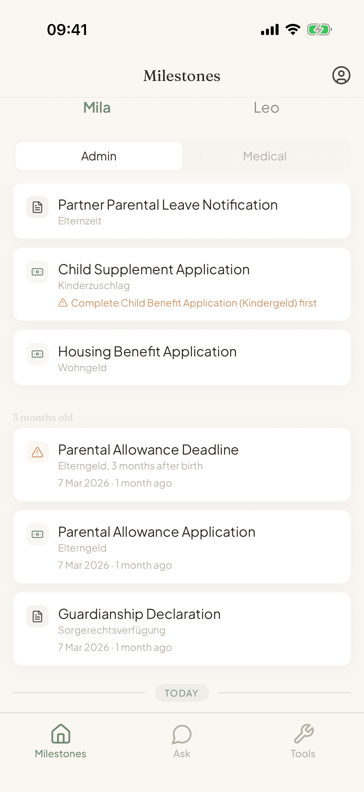 PaperStork app showing your personalized parental timeline